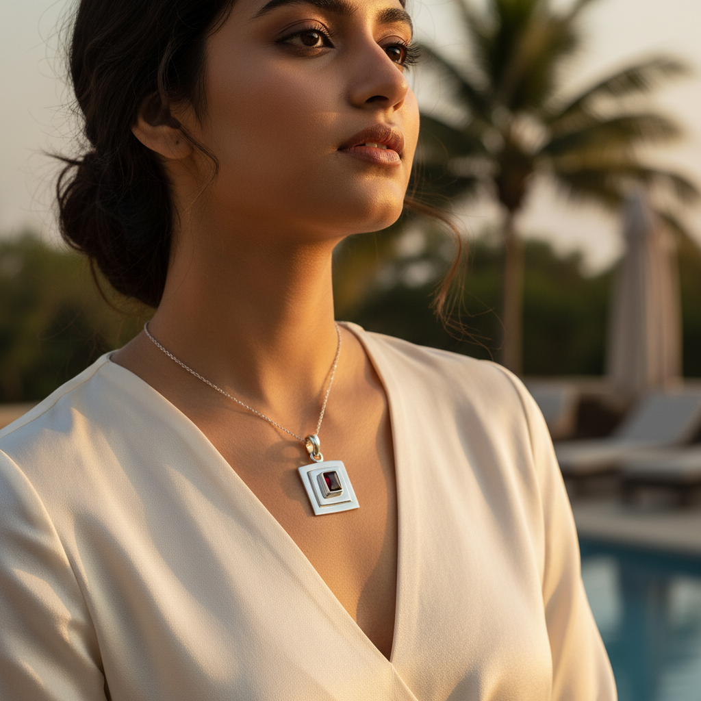 925 Sterling Silver Garnet Pendant | Square Gemstone Jewelry