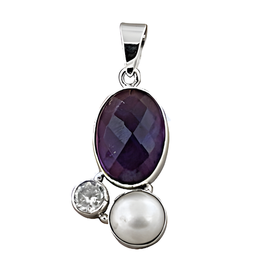 Handmade Amethyst & Pearl & Cz Silver Gemstone Pendant