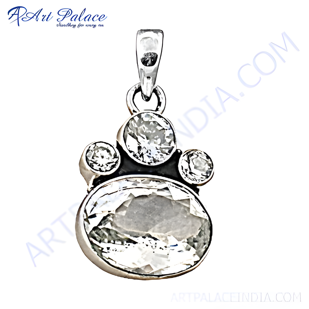Sterling silver pendant featuring a large oval and three round cubic zirconia stones on a white background.