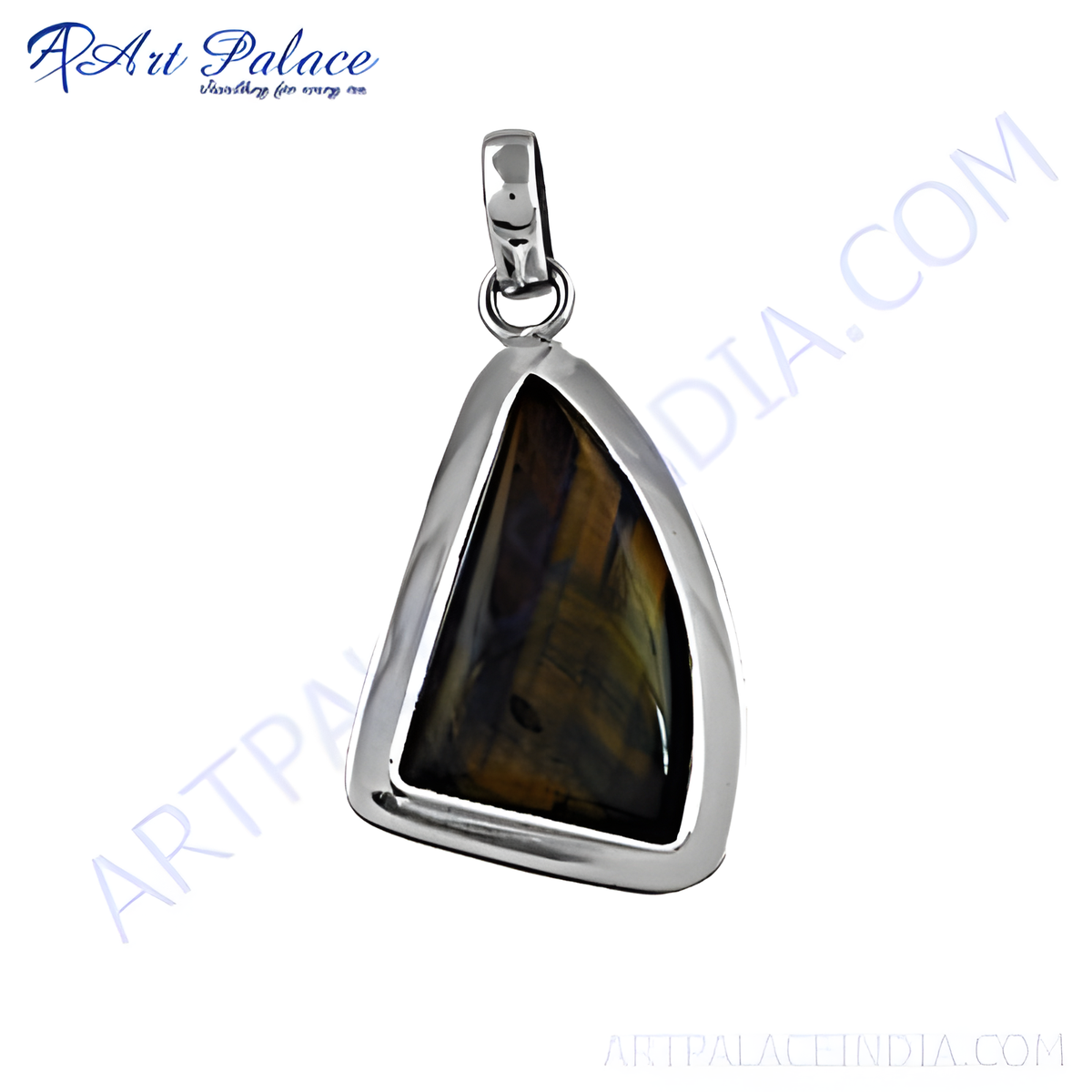 Sterling silver pendant featuring a triangular tiger's eye gemstone with gold plating and brown hues