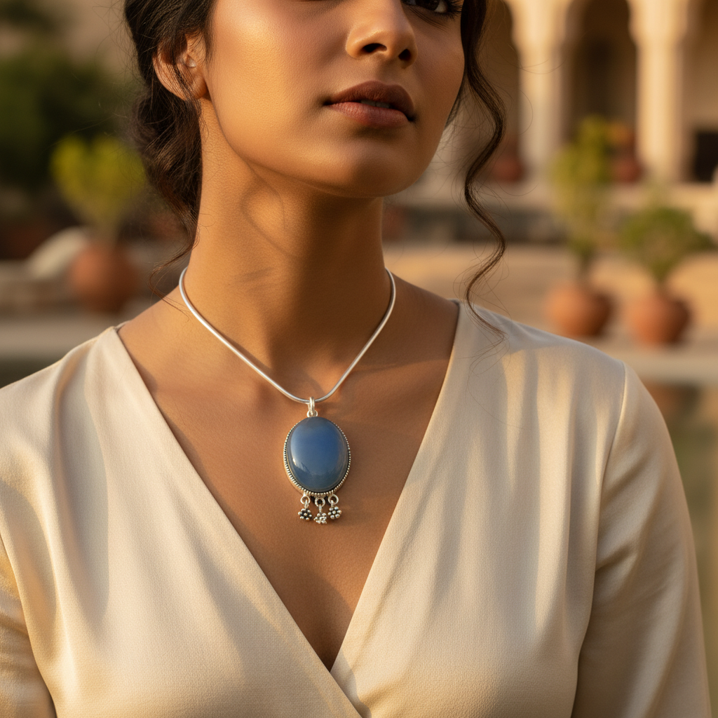 925 Silver Blue Chalcedony Pendant | Women's Gemstone Jewelry