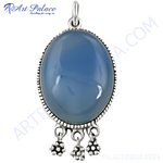 Load image into Gallery viewer, 925 sterling silver pendant with a large oval-shaped blue chalcedony gemstone and three small dangles.

