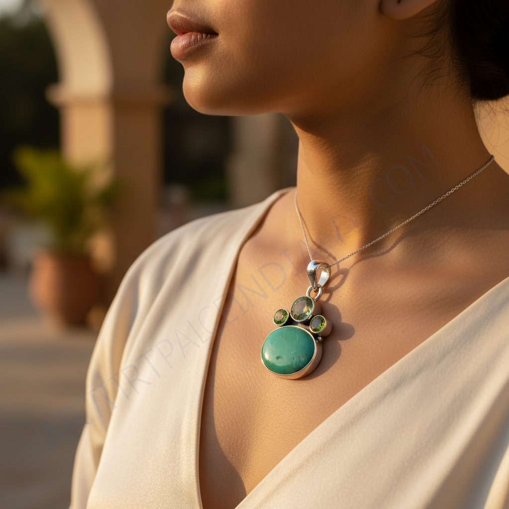 925 Silver Turquoise & Peridot Pendant for Women | Gift