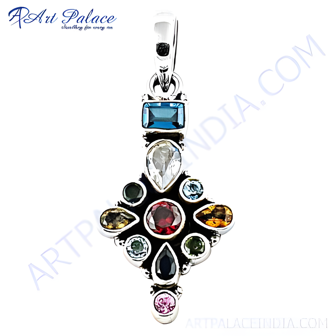 Sterling silver multi-gemstone pendant with various colorful gemstones. A beautiful piece of jewelry for women.