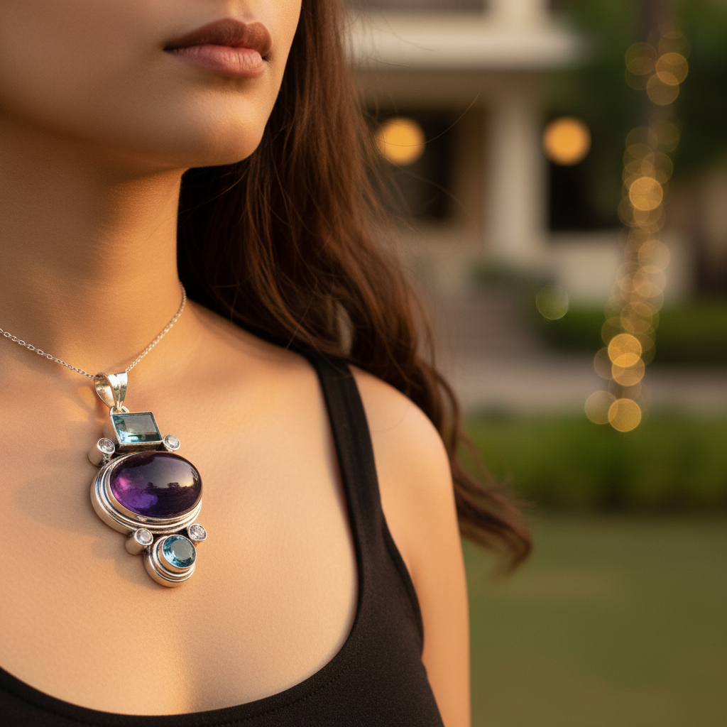 925 Silver Amethyst & Blue Topaz Pendant for Women | Gemstone Jewelry