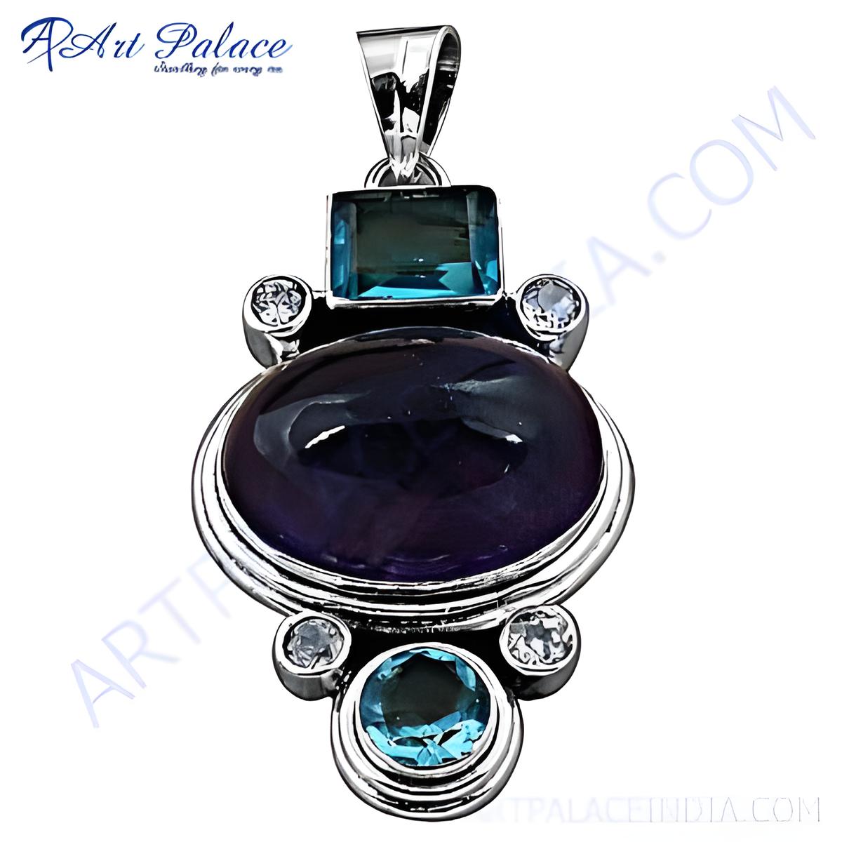 925 sterling silver pendant with a large purple amethyst gemstone and blue topaz accents, a beautiful gemstone pendant necklace