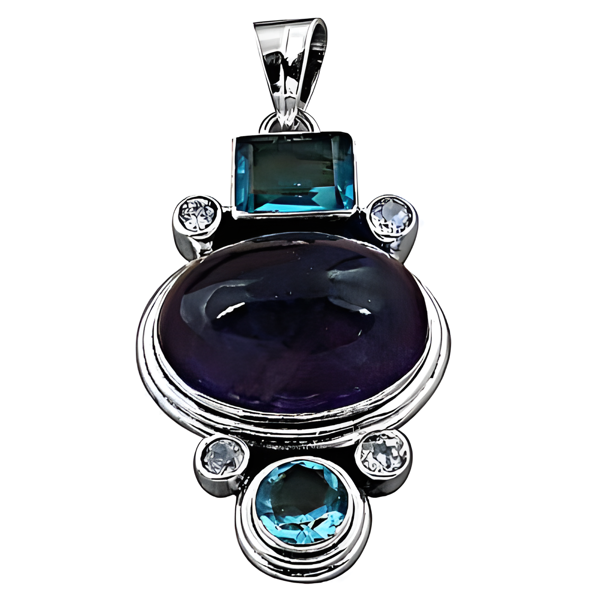 Expensive Amethyst, Blue Topaz & CZ Silver Pendant