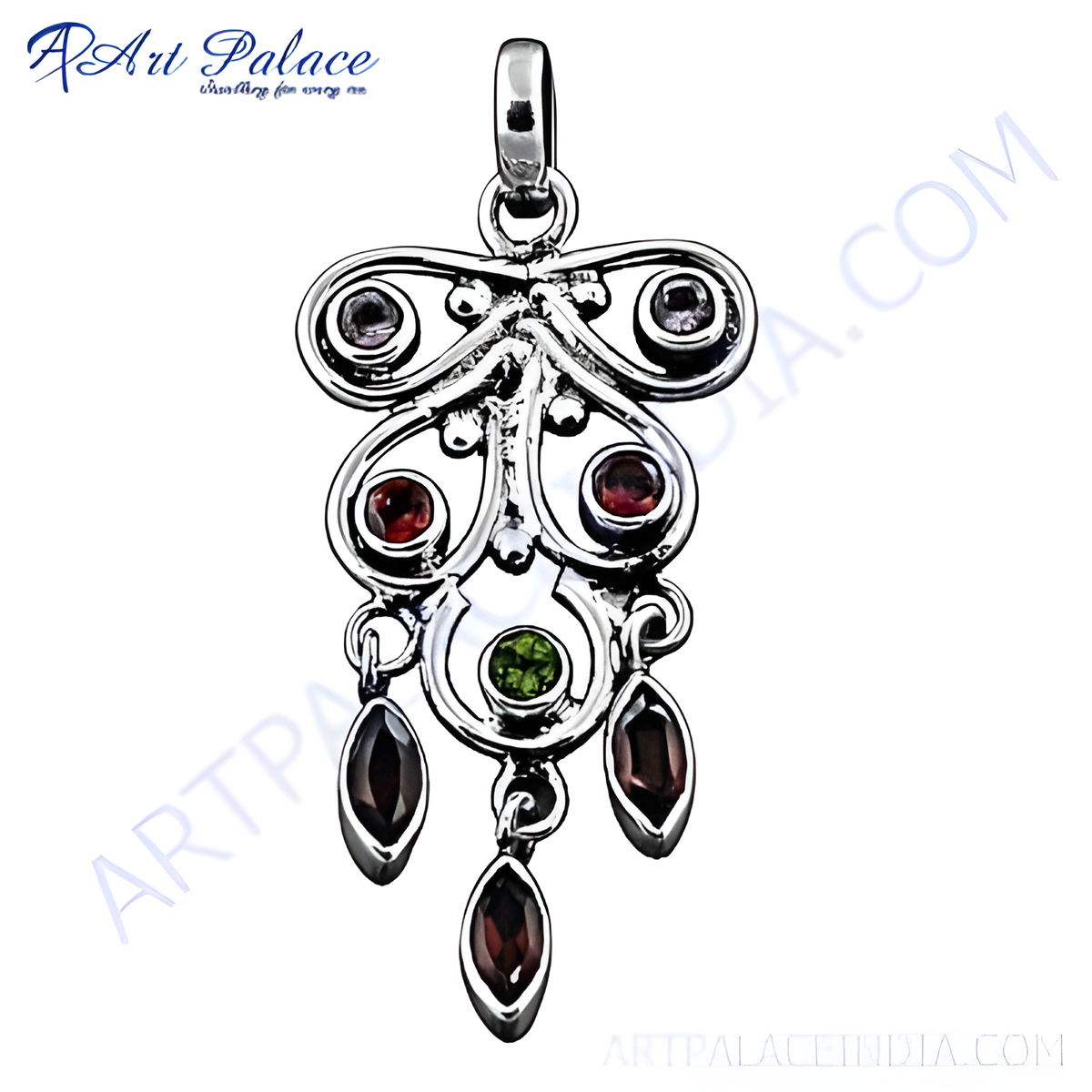 925 sterling silver charm pendant featuring garnet gemstones in a unique design