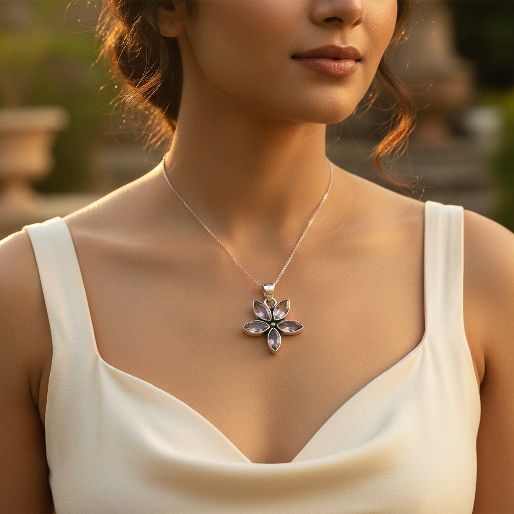 925 Silver Amethyst Flower Pendant for Women | Gemstone Jewelry
