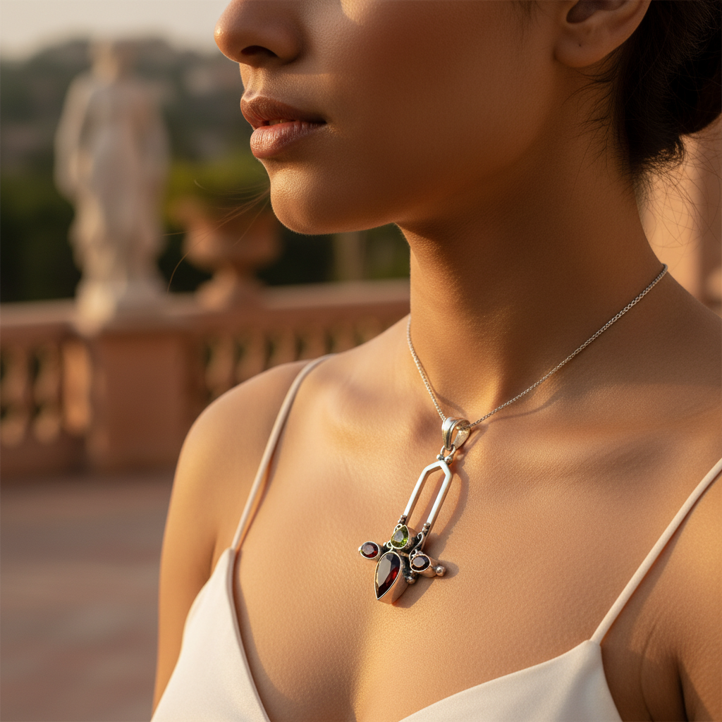 925 Silver Garnet Peridot Pendant for Women | Gemstone Jewelry