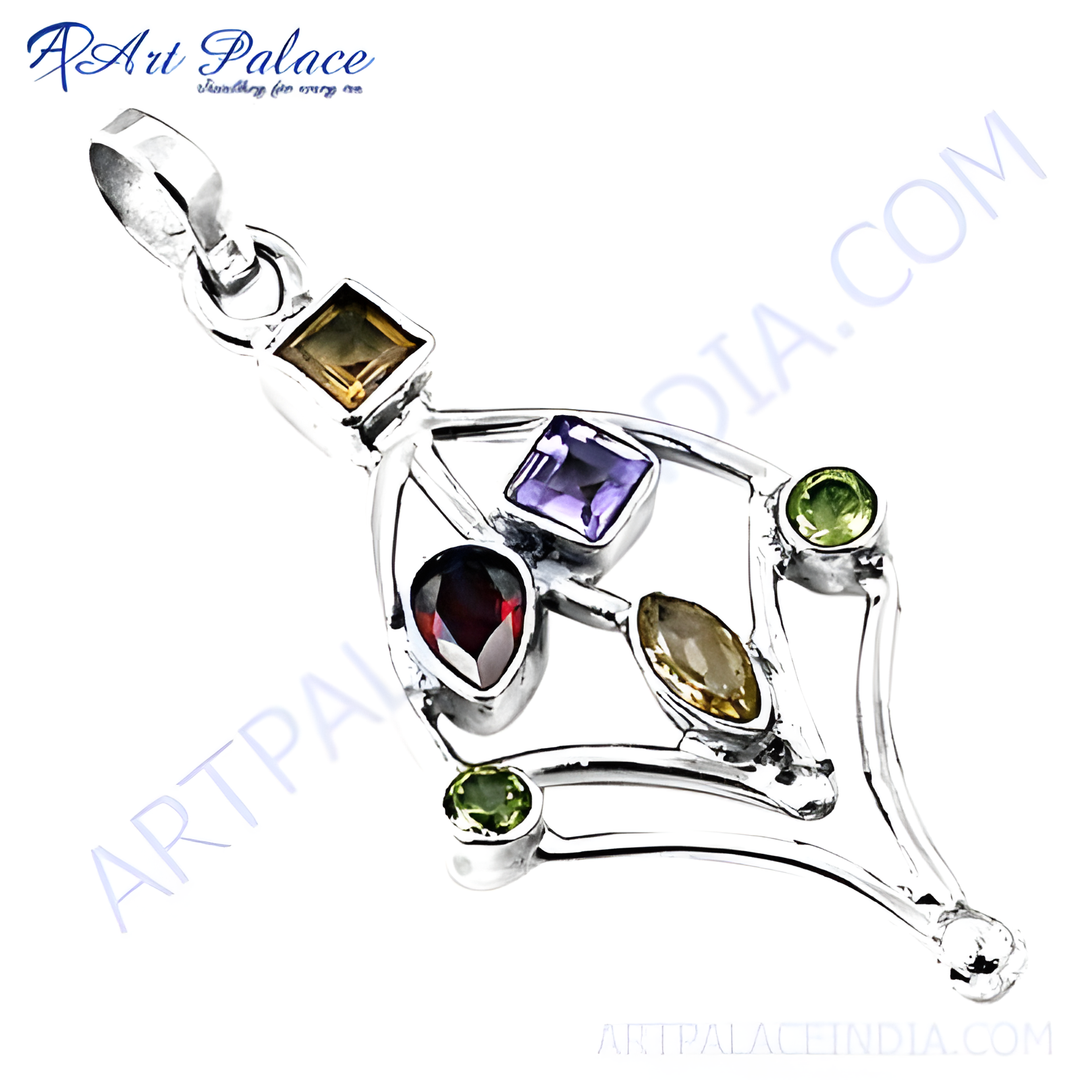 925 sterling silver gemstone pendant featuring a garnet, amethyst, citrine and peridot, an elegant piece for women.