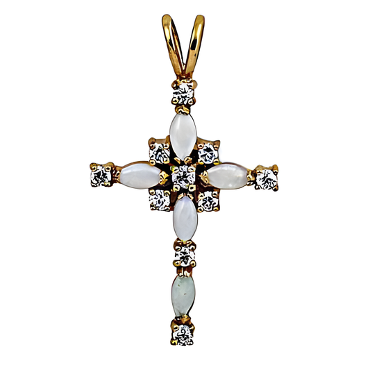 Cross Style Silver Gold Plated Pendant With Rainbow Moonstone & CZ