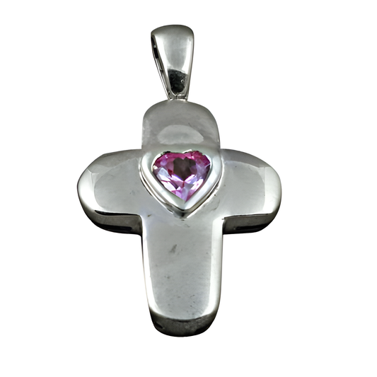 Impressive Heart Shape Pink Cubic Zirconia Gemstone Silver Cross Pendant