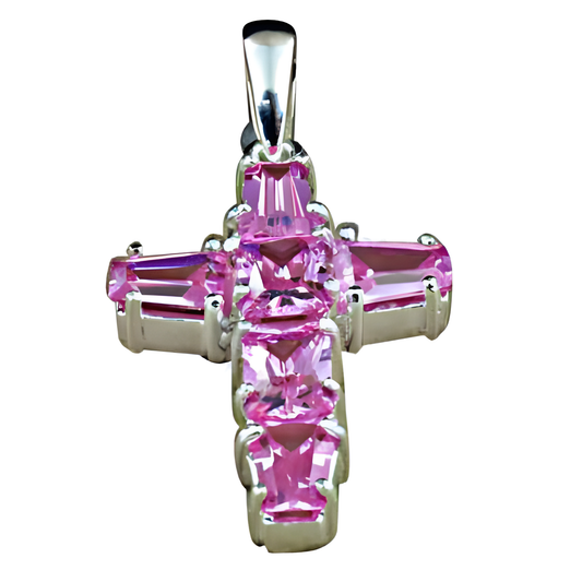 Cool Pink Cubic Zirconia Silver Cross Pendant Jewelry