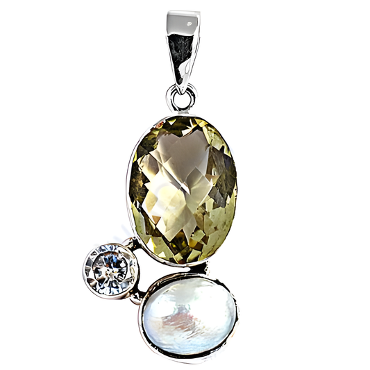 Cubic Zirconia,Lemon Quartz,Mabe Pearl Silver Pendant