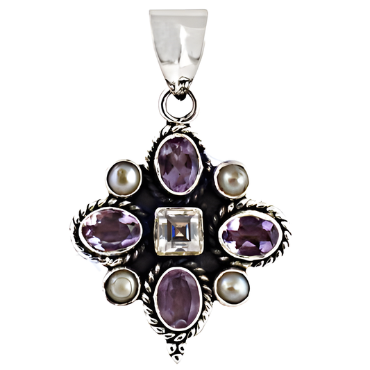 New Antique Amethyst,Cubic Zirconia,Pearl Silver Pendant