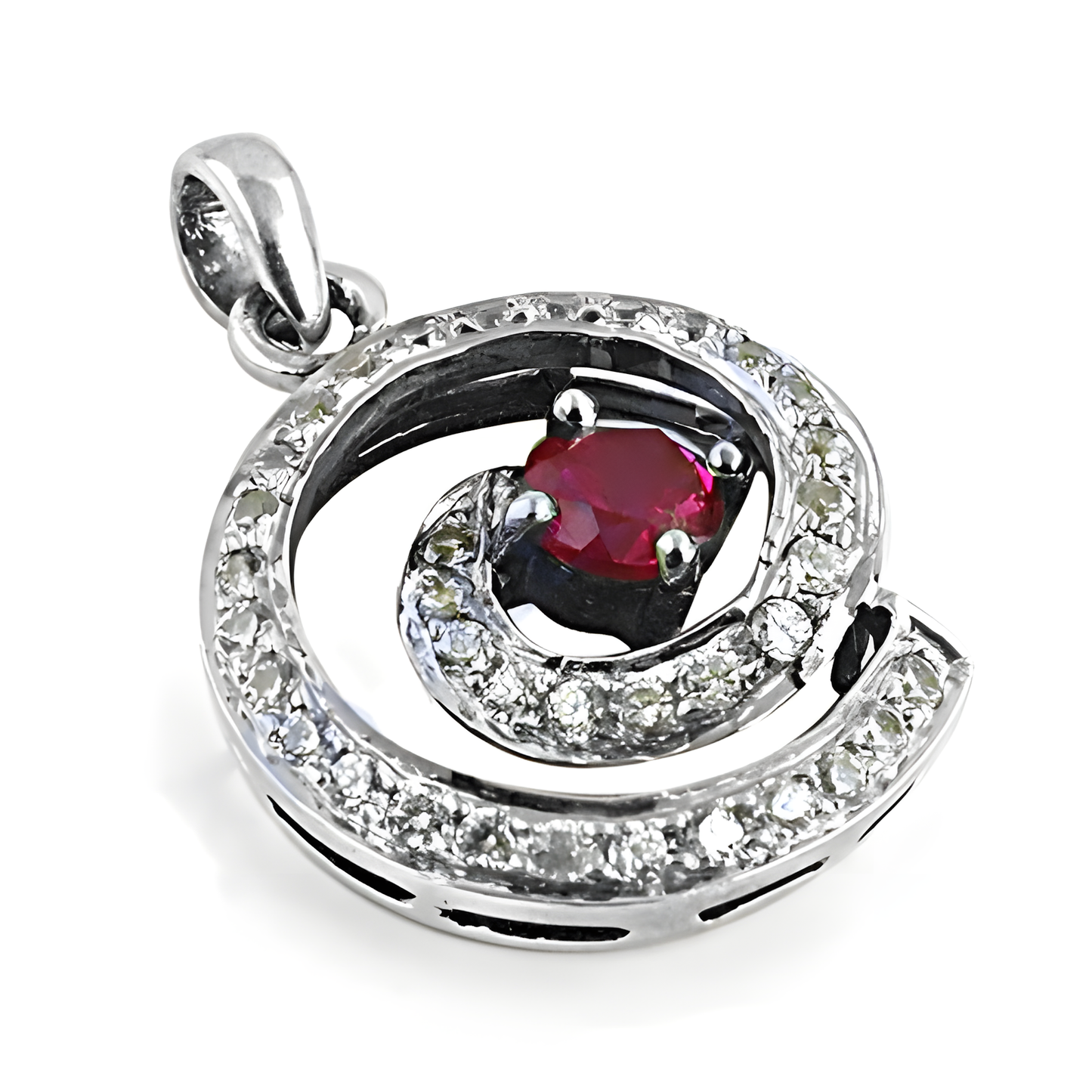 Fabulous Red & White Cubic Zirconia Gemstone Silver Pendant