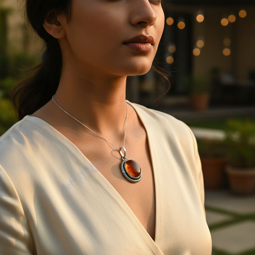 925 Silver Amber Pendant for Women | Gemstone Jewelry