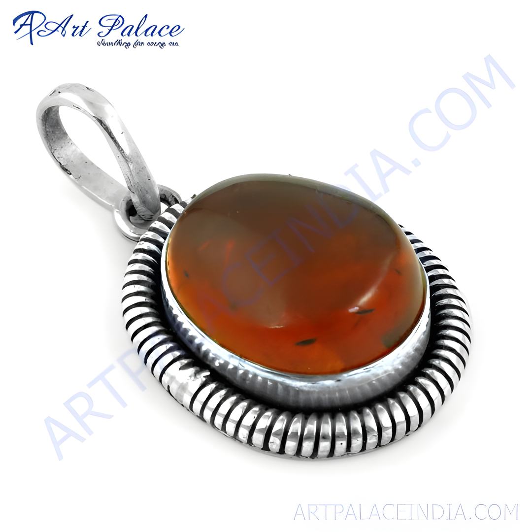 925 sterling silver amber gemstone pendant, oval-shaped and brown