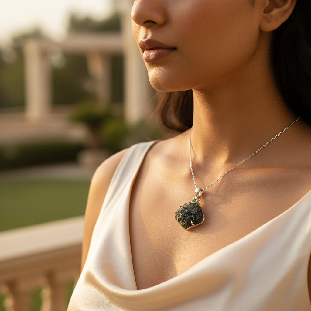 Colgante de moldavita en plata de ley 925 para mujer | Joyería con piedras preciosas