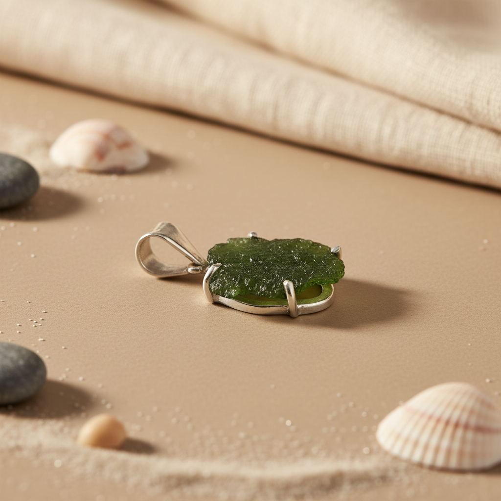 Silver Moldavite Pendant Necklace | Green Gemstone Jewelry