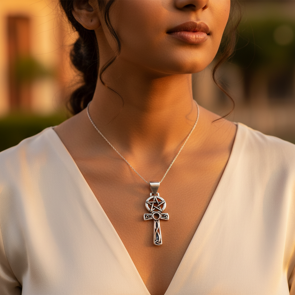 Stainless Steel Pentagram Ankh Pendant | Celtic Cross Necklace