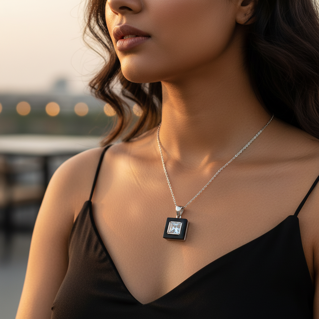 Silver Onyx & Cubic Zirconia Pendant for Women | Square Jewelry