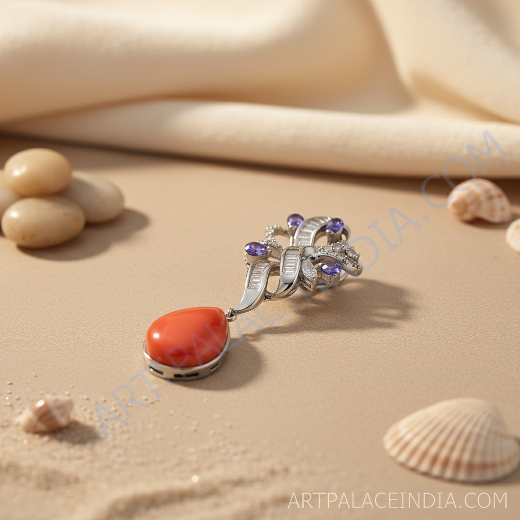 Silver Tanzanite & Orange Coral Pendant for Women | Fine Jewelry