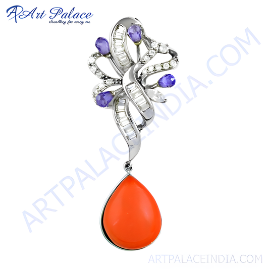 Latest Luxury Amethyst & Cubic Zirconia & Coral Silver Pendant