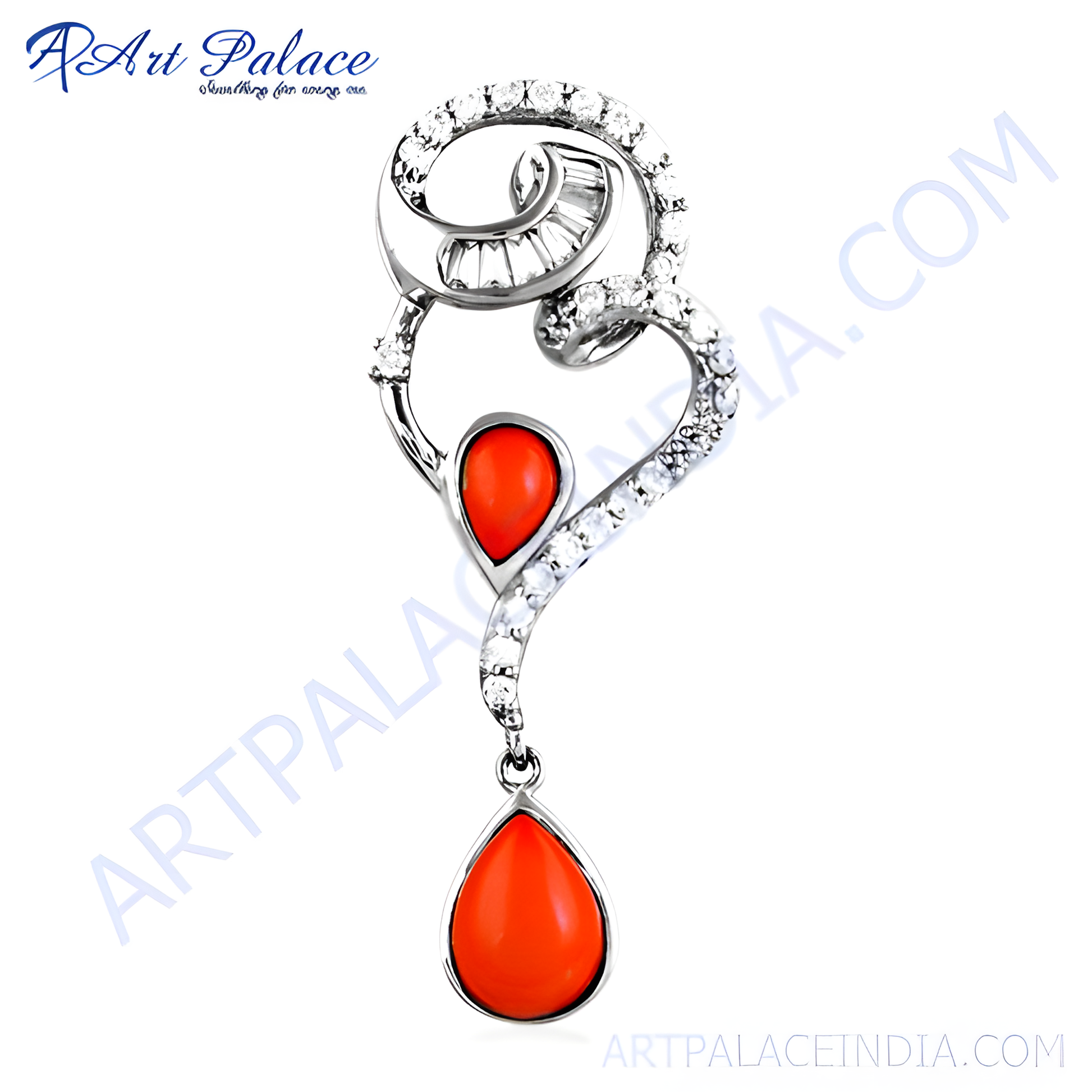 Feminine Unique Design Coral & Cz Gemstone Silver Pendant