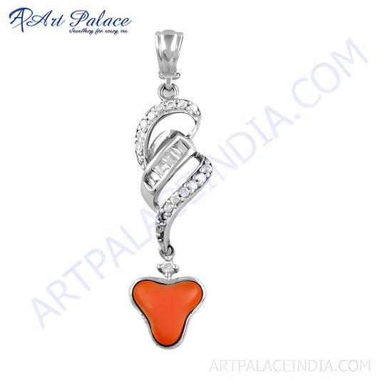 Beautiful Design Cz & Coral Gemstone Silver Pendant