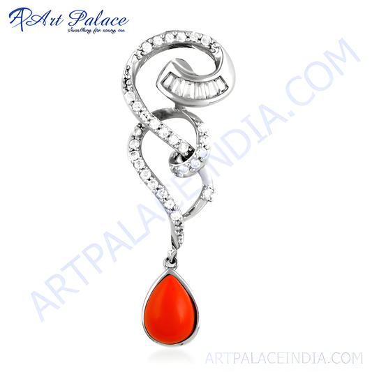 Celeb Style Coral & Cz Gemstone Silver Pendant