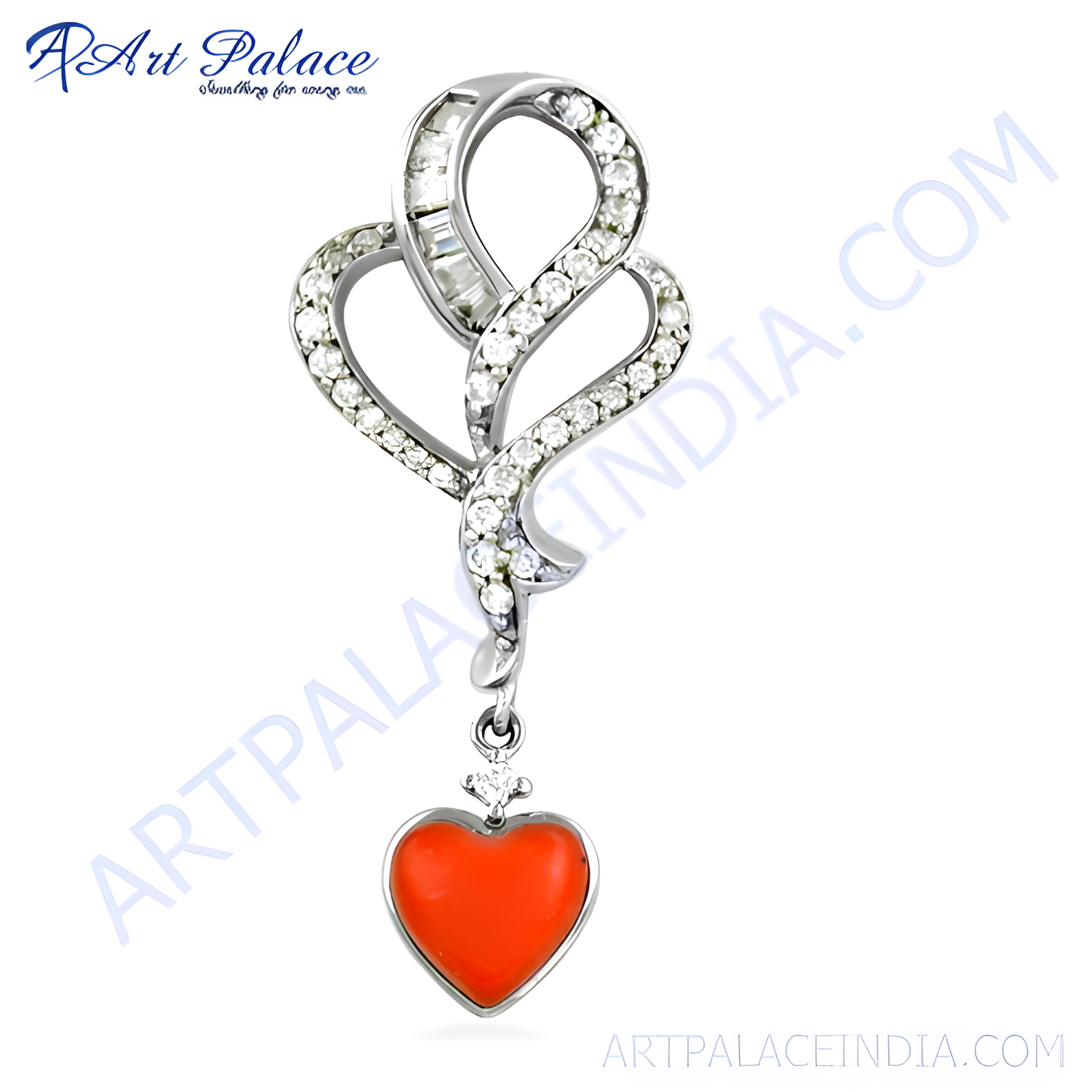 Attractive Coral & Cz Gemstone Silver Pendant In Heart Style