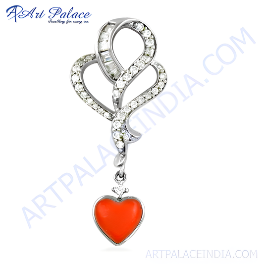 Attractive Coral & Cz Gemstone Silver Pendant In Heart Style