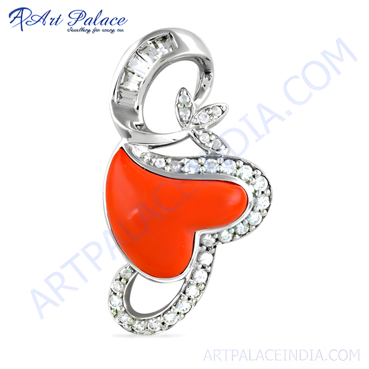 HOT!!! Luxury Coral & Cz Gemstone Silver Pendant