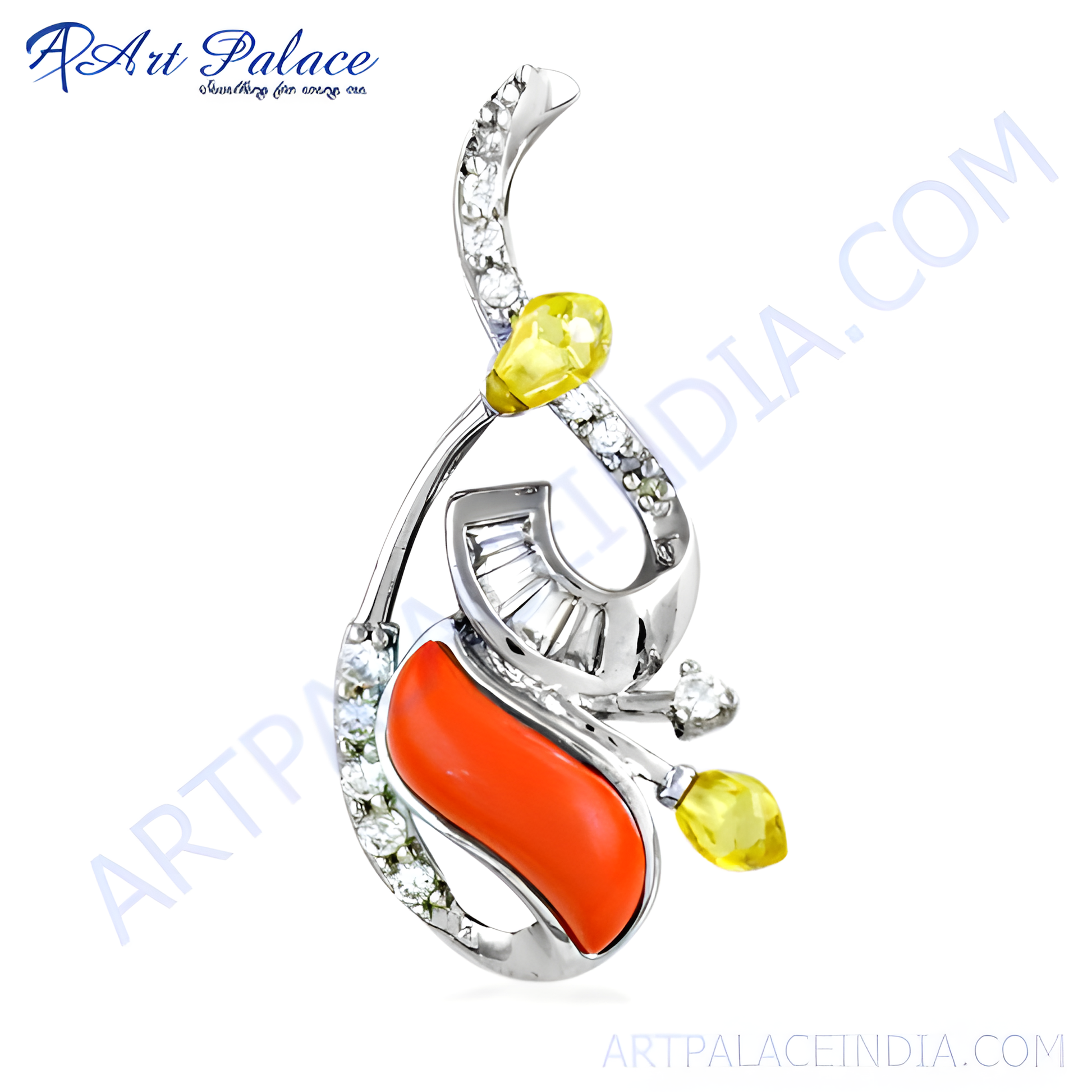 Designer Yellow & White Cz & Coral Gemstone Silver Pendant