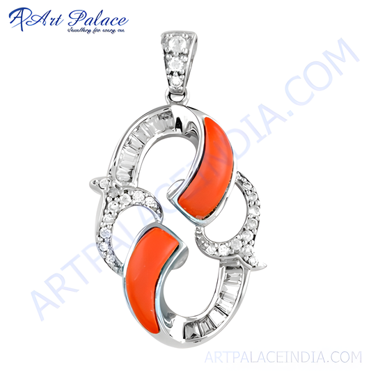 Hot Selling Coral & Cz Gemstone Silver Pendant