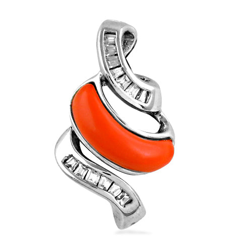 925 Silver & Orange Enamel Pendant | Baguette Cut CZs | For Women