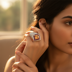 Load image into Gallery viewer, Silver Ring with Orange Gemstone &amp; Ruby | Women's Ring
