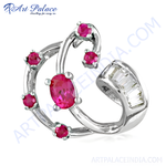Load image into Gallery viewer, Sterling silver ring with vibrant pink ruby gemstones. Modern and stylish design.
