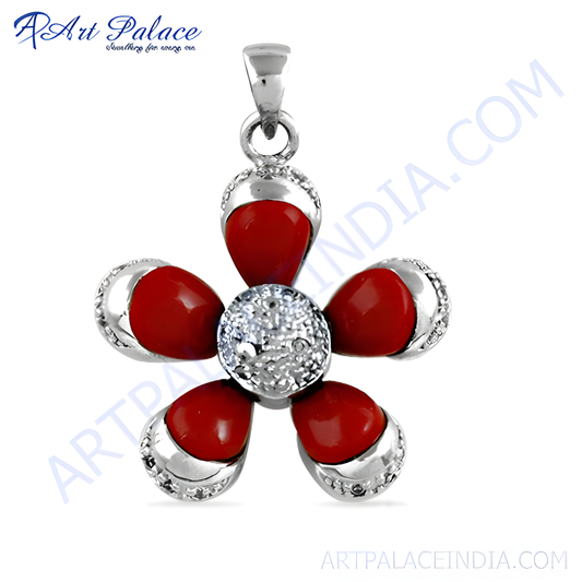 Attractive Flower Style Cubic Zirconia & Synthetic Coral Gemstone Silver Pendant