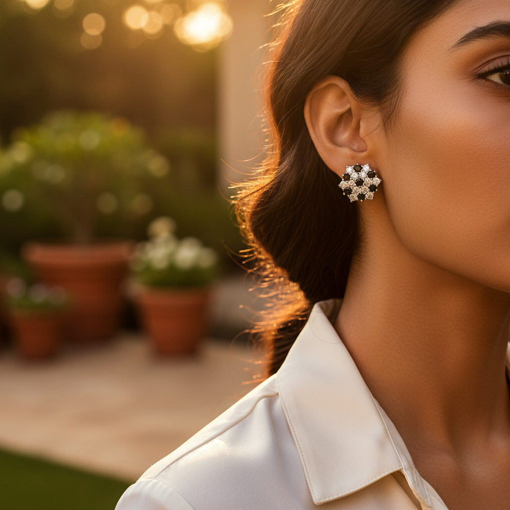 925 Silver Black & White Stone Stud Earrings | Women's Jewelry