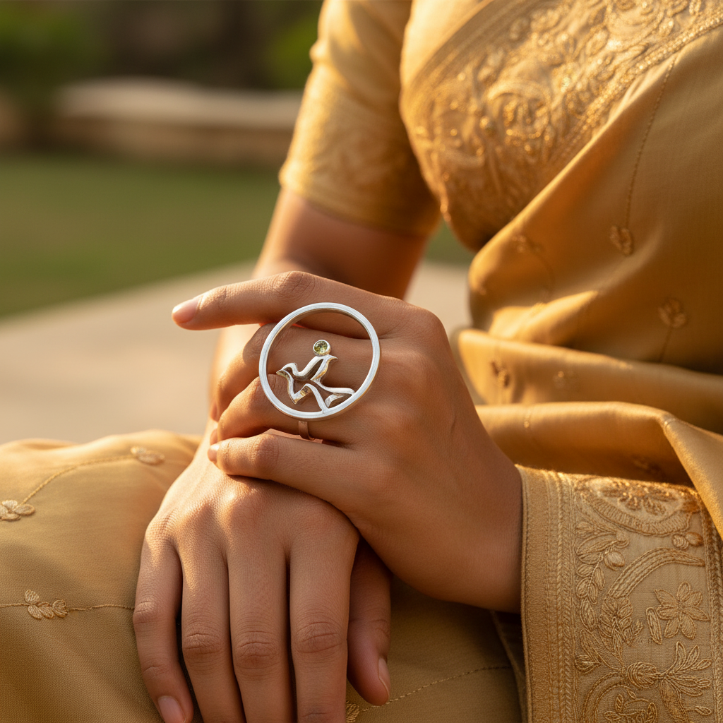 925 Silver Abstract Ring with Green Gemstone | Women's Jewelry