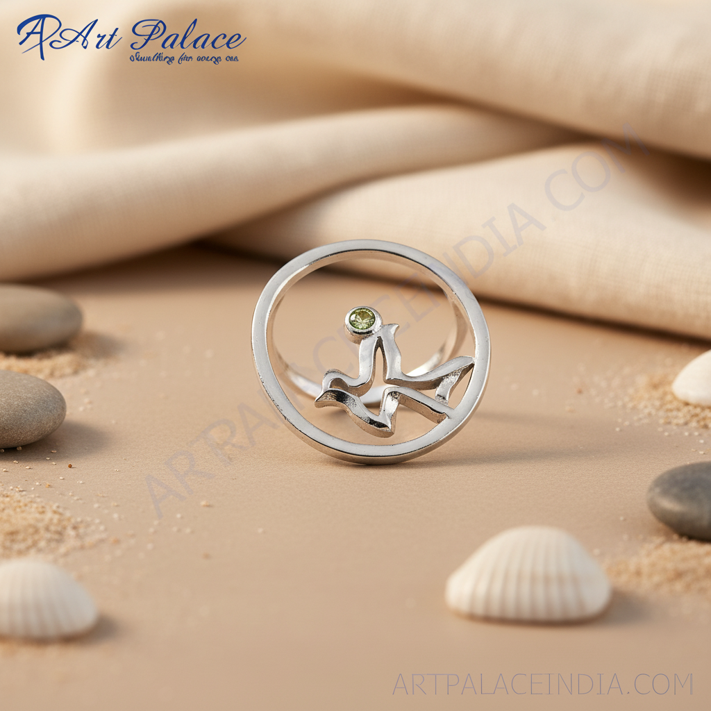925 silver abstract ring with green gemstone | women's jewelry