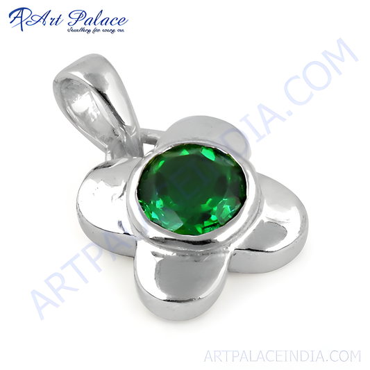 Royal Green Cubic Zirconia Gemstone Silver Pendant