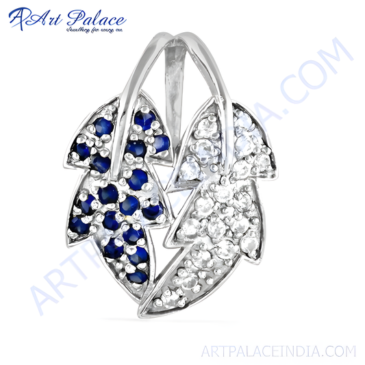 Double Leaf Style Ink & White Cubic Zirconia Gemstone Silver Pendant