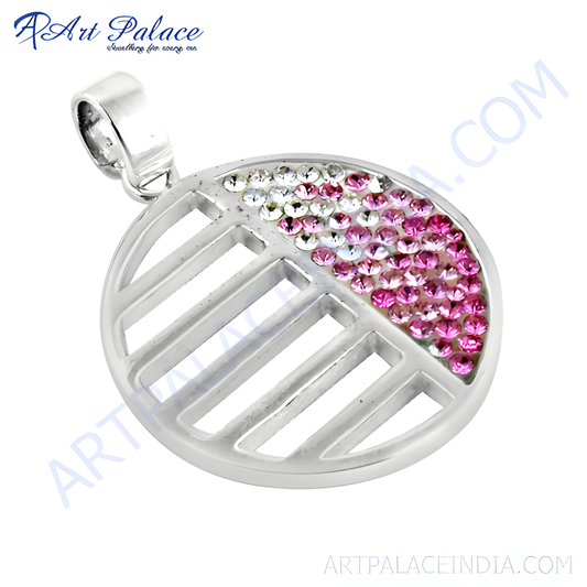 Lovely Pink & White CZ Fret Work Silver Pendant