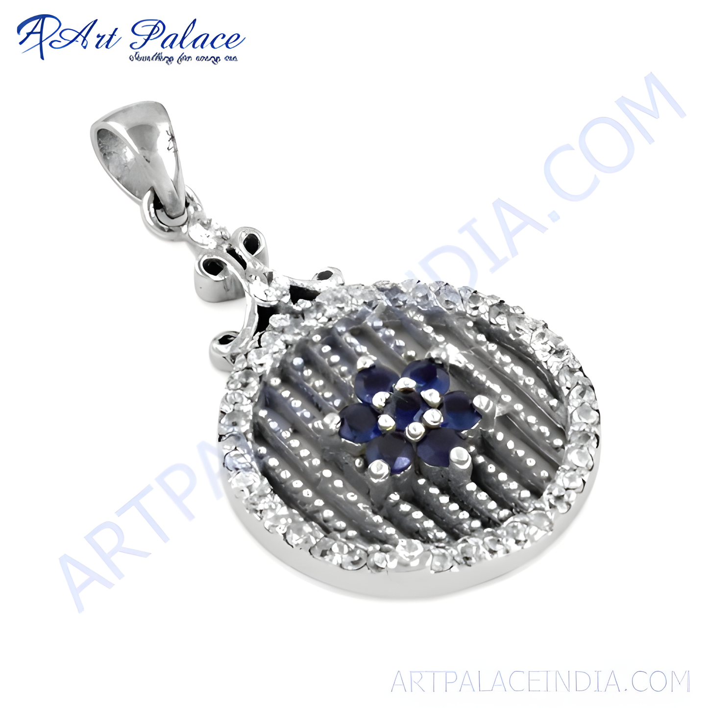 Luxurious Ink & White Zirconia Gemstone SIlver Pendant