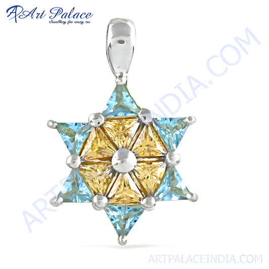 Rocking Star Style Blue & Pitch Cubic Zirconia Gemstone Silver Pendant