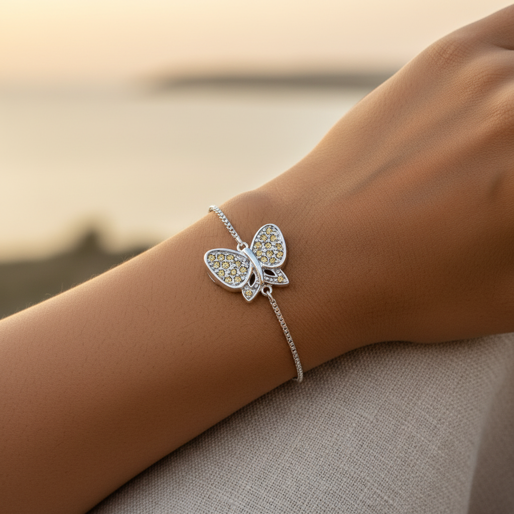 925 Silver Butterfly Pendant with Yellow CZ Stones | For Women